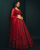 Deep Ruby Red Sequined Georgette Lehenga Set
