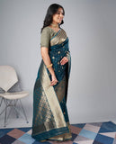 Teal Blue Banarasi Silk Saree with Rich Gold Zari Border