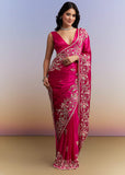 Hot Pink Satin Saree With Heavy Hand Work