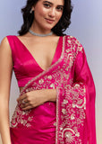 Hot Pink Satin Saree With Heavy Hand Work