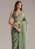 Green Tissue Saree With Bead And Cutdana Embroidery