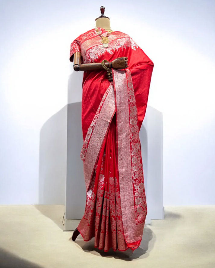 Traditional Red Banarasi Silk Saree with Elegant Silver Zari Border