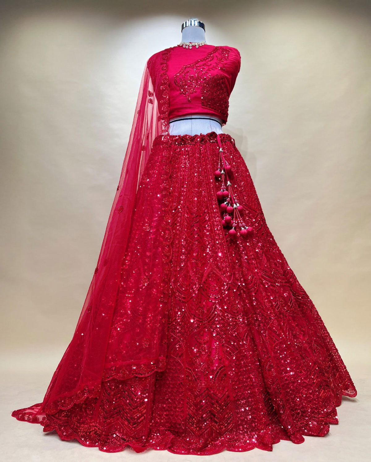 Bridal Red Designer Lehenga Choli – Intricate Threadwork with Shimmering Sequins