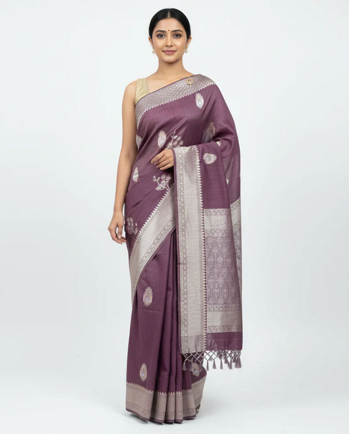 Graceful Mauve Silk Saree with Elegant Silver Zari Motifs and Rich Woven Border