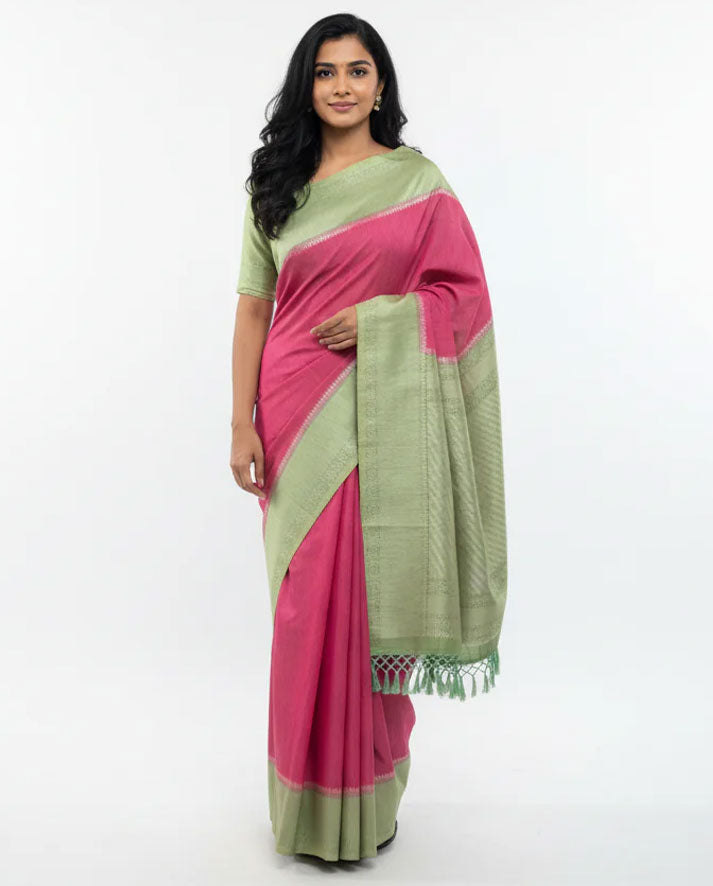Elegant Pink and Pastel Green Silk Saree with Minimal Zari Border and Tassel Pallu