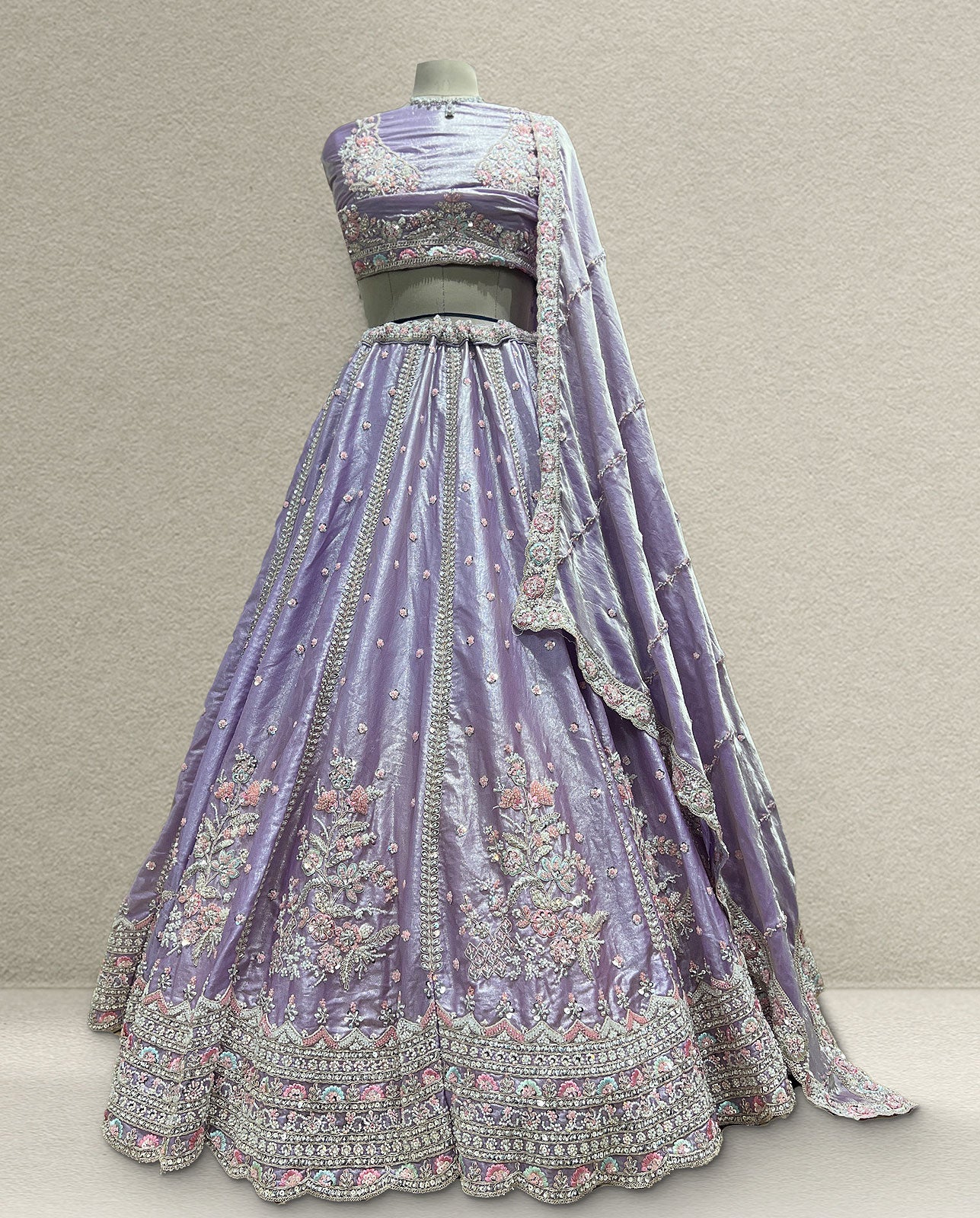 Lavender Bridal Lehenga Choli with Floral Embroidery and Designer Dupatta