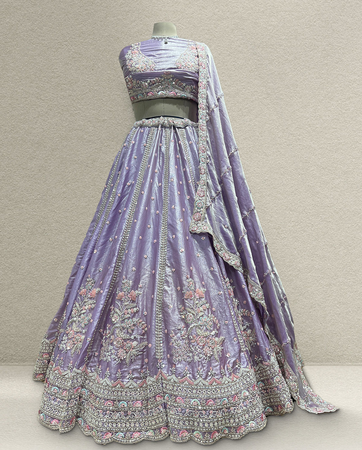 Lavender Bridal Lehenga Choli with Floral Embroidery and Designer Dupatta