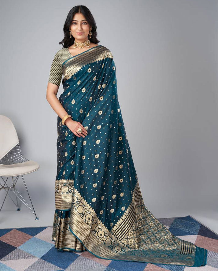 Teal Blue Banarasi Silk Saree with Rich Gold Zari Border