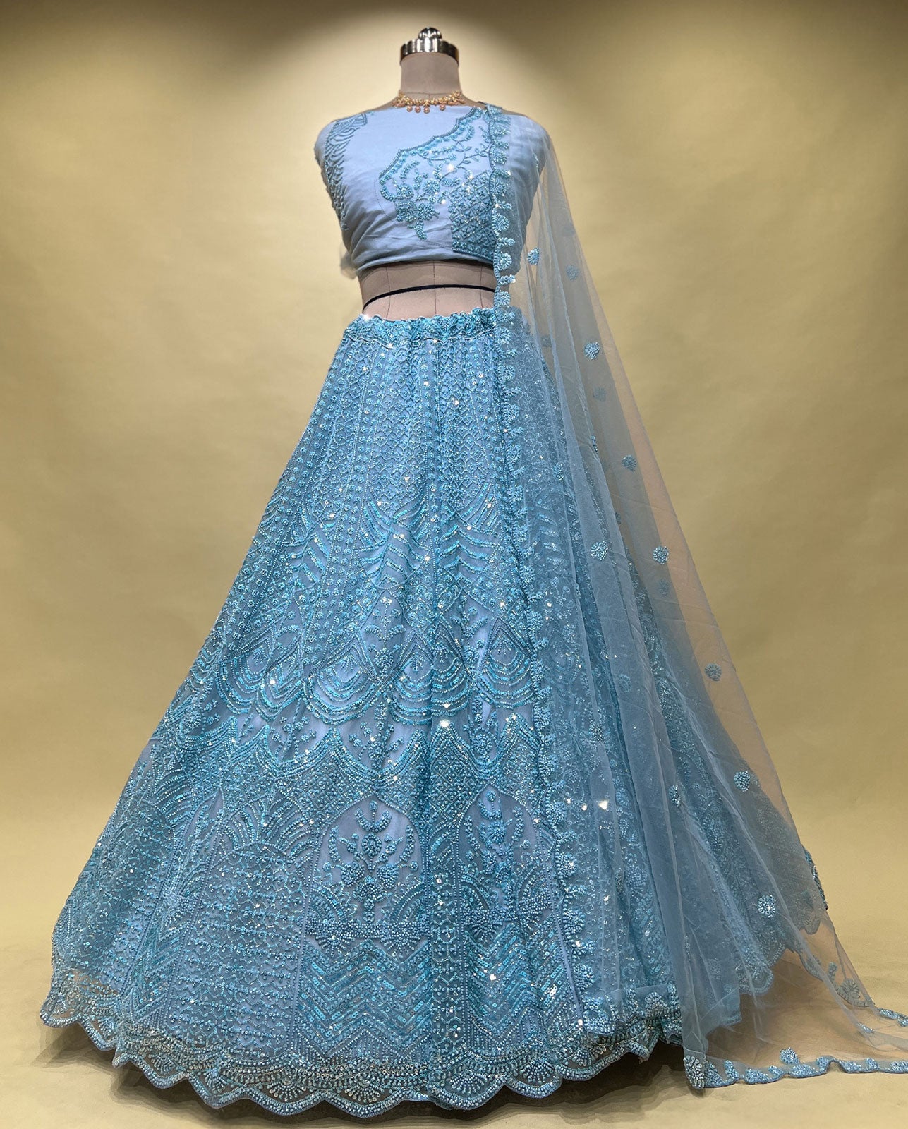 Powder Blue Designer Lehenga Set – Heavily Embellished with Mirror Work & Scalloped Borders