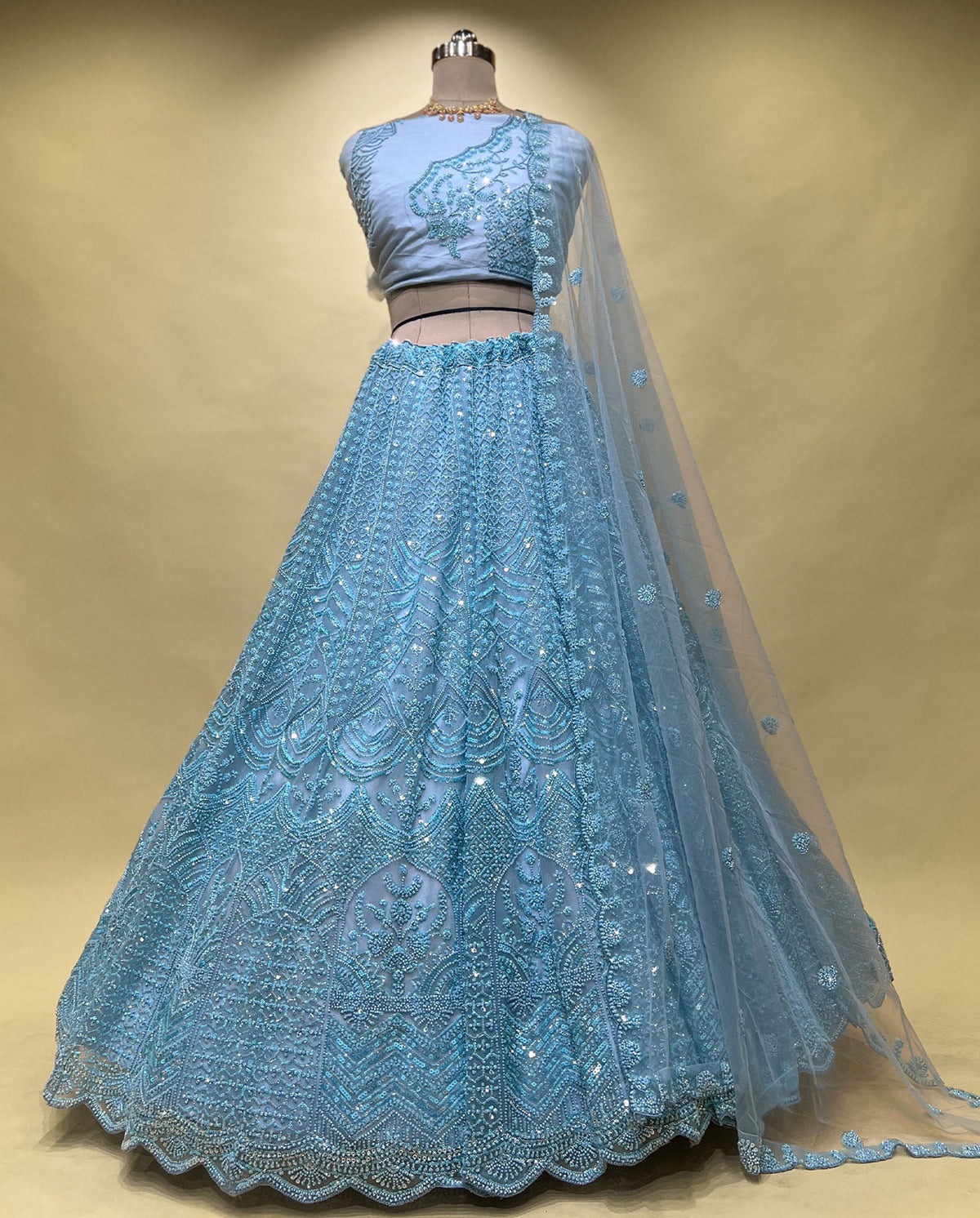 Powder Blue Designer Lehenga Set – Heavily Embellished with Mirror Work & Scalloped Borders