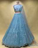 Powder Blue Designer Lehenga Set – Heavily Embellished with Mirror Work & Scalloped Borders