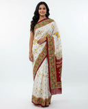 Graceful White Silk Saree with Multicolor Traditional Border and Rich Maroon Pallu
