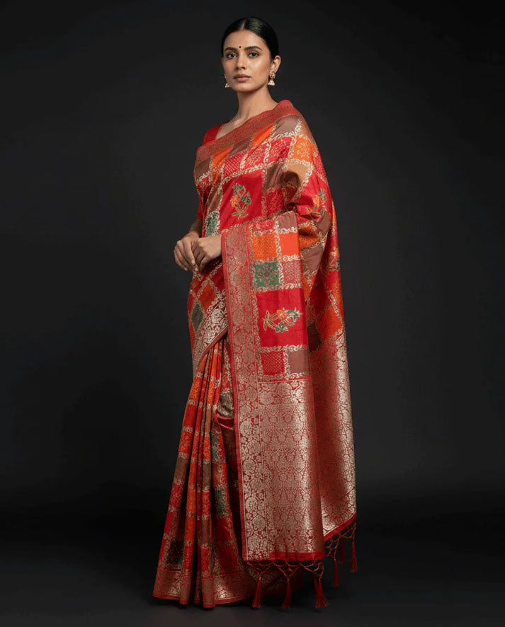 Luxurious Red Silk Saree with Multicolor Traditional Weaving and Rich Zari Border