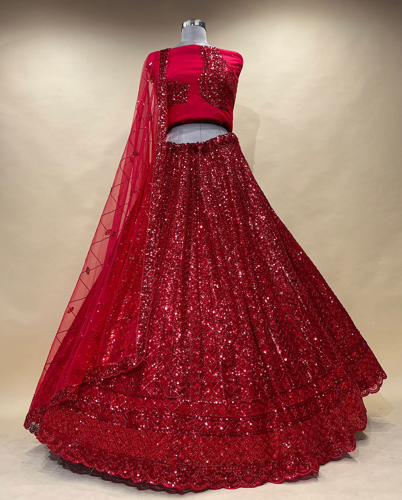 Deep Ruby Red Sequined Georgette Lehenga Set