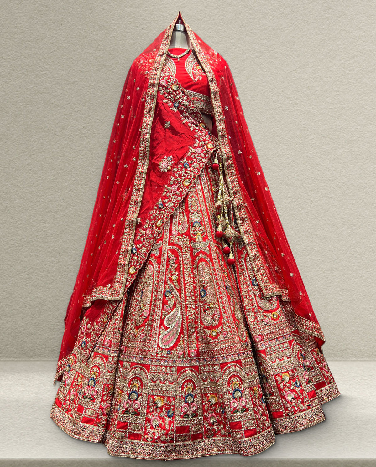 Traditional Red Bridal Lehenga Choli with Heavy Zardozi Embroidery and Net Dupatta