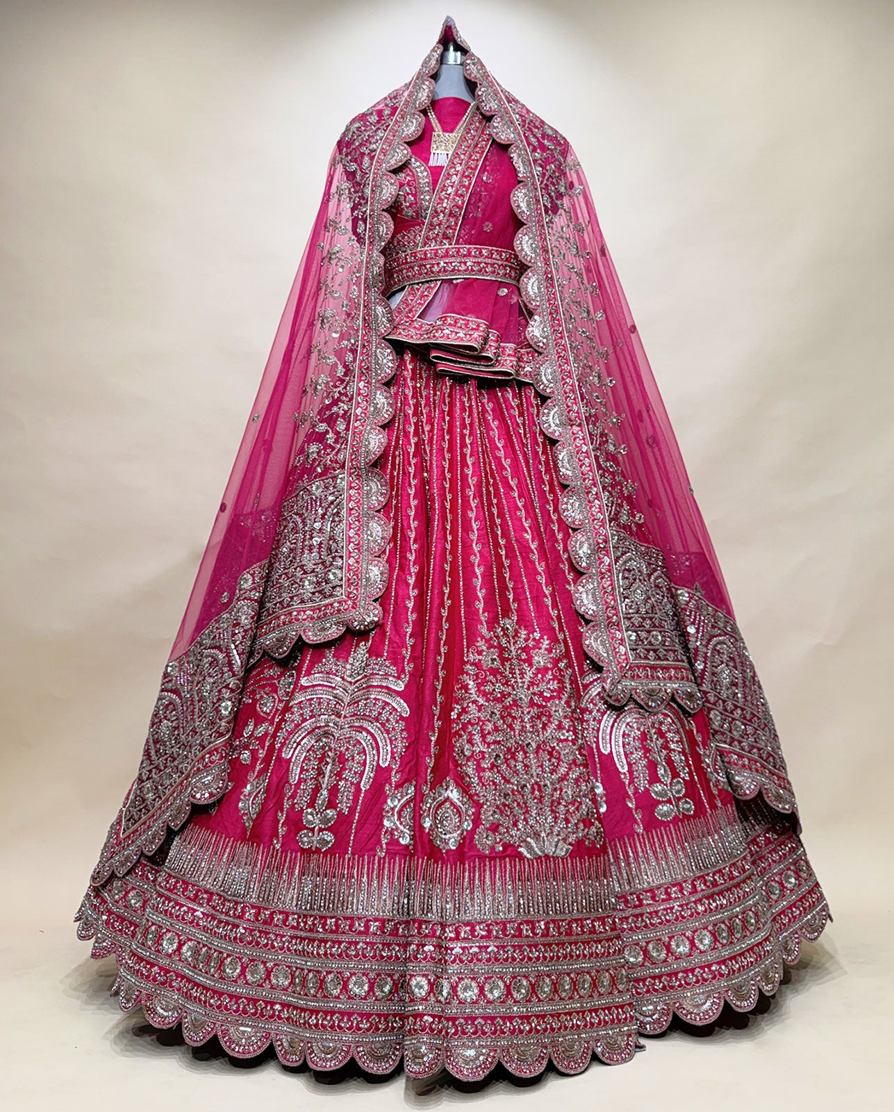 Hot Pink Bridal Lehenga Choli with Heavy Zari Embroidery and Net Dupatta