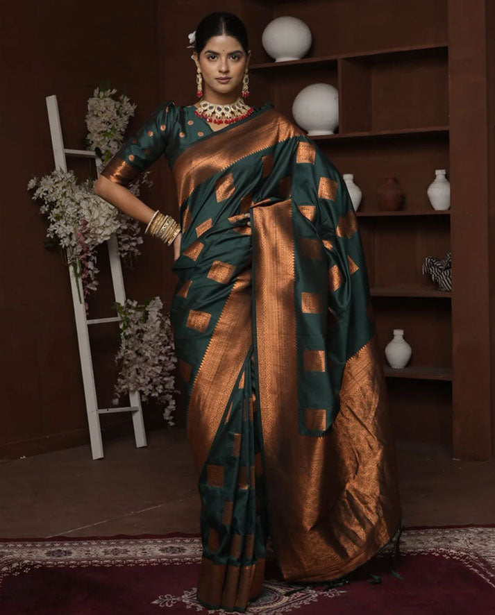 Elegant Dark Green Banarasi Silk Saree with Rich Copper Zari Motifs and Traditional Border