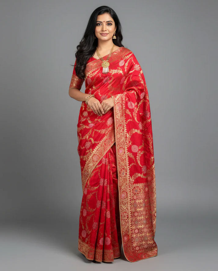 Elegant Red Banarasi Silk Saree with Rich Golden Zari Work