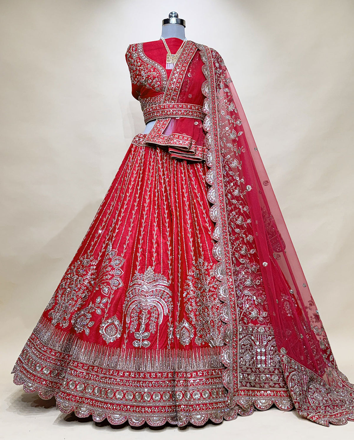 Red Bridal Lehenga Choli with Heavy Zari Embroidery and Net Dupatta