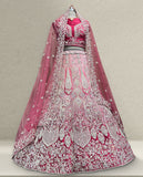 Heritage Pink Wedding Lehenga – Intricate Silver Threadwork with Layered Floral Motifs