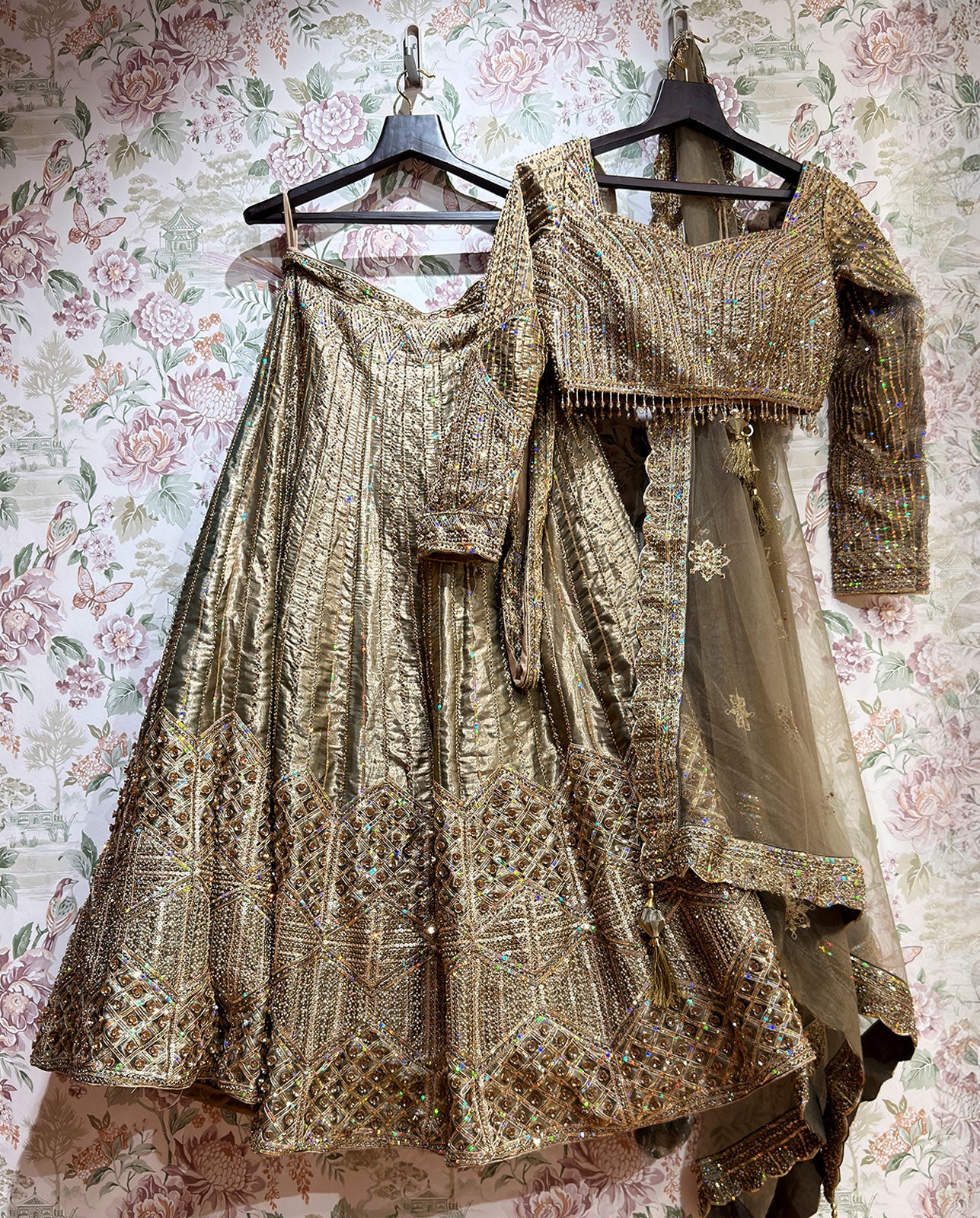 Champagne Gold Bridal Lehenga with Sequin Embroidery and Net Dupatta