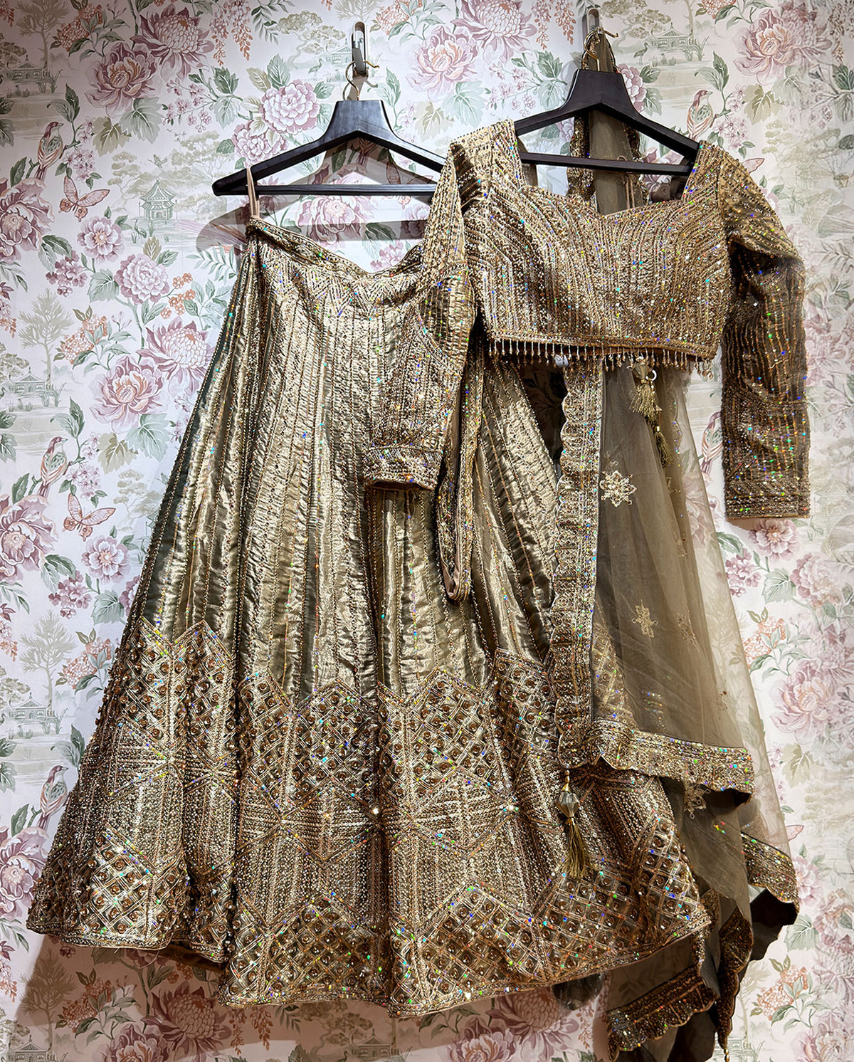 Champagne Gold Bridal Lehenga with Sequin Embroidery and Net Dupatta