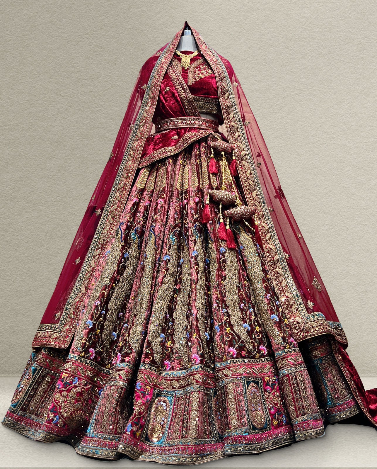 Wine Velvet Bridal Lehenga with Multicolor Zardozi Embroidery and Net Dupatta