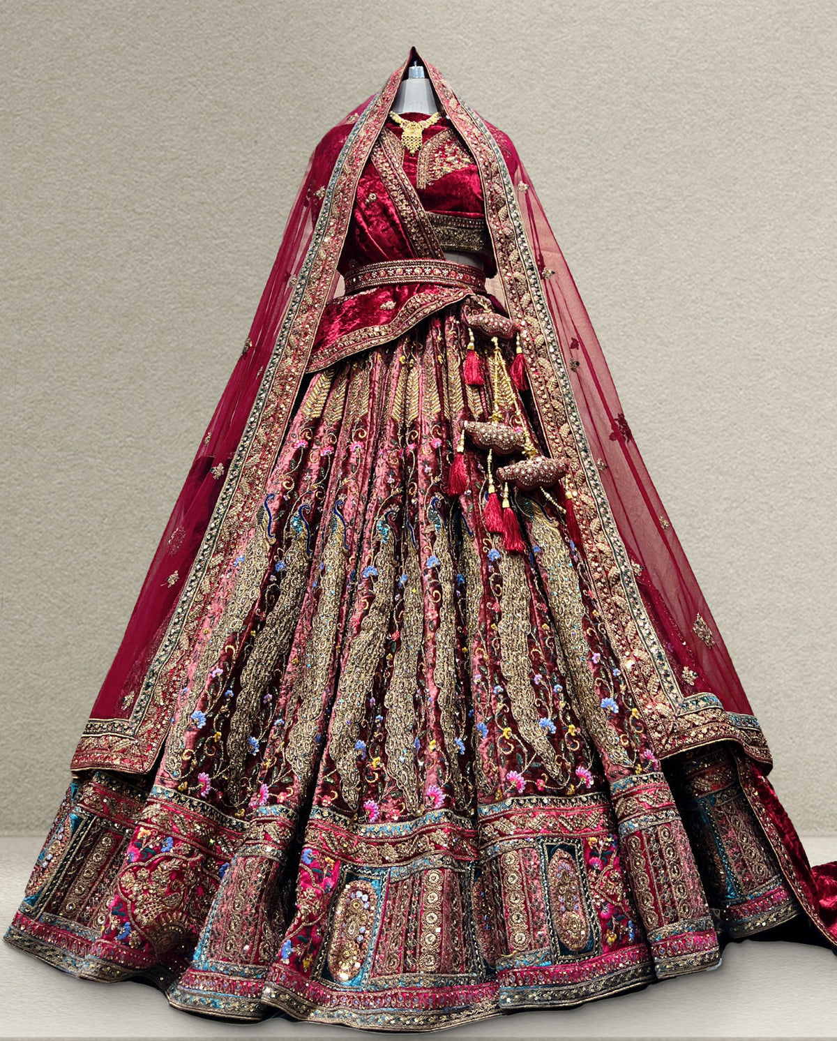 Wine Velvet Bridal Lehenga with Multicolor Zardozi Embroidery and Net Dupatta