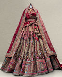 Wine Velvet Bridal Lehenga with Multicolor Zardozi Embroidery and Net Dupatta