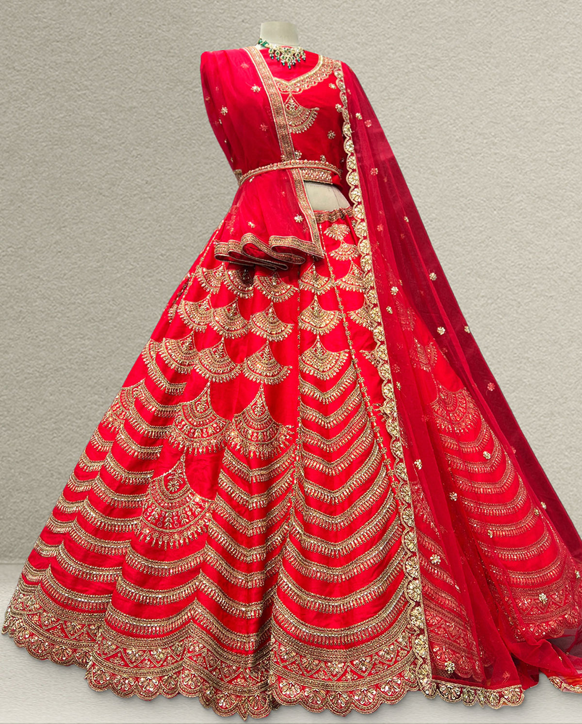 Heritage Crimson Red Lehenga with Tiered Gold Zari Artistry