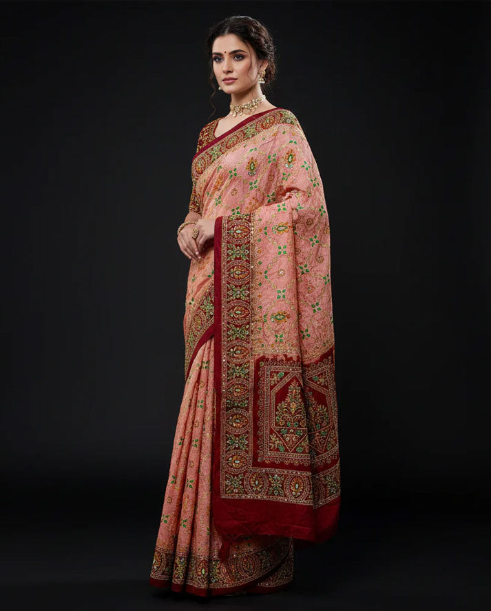 Elegant Peach Silk Saree with Rich Maroon Border and Multicolor Embroidery