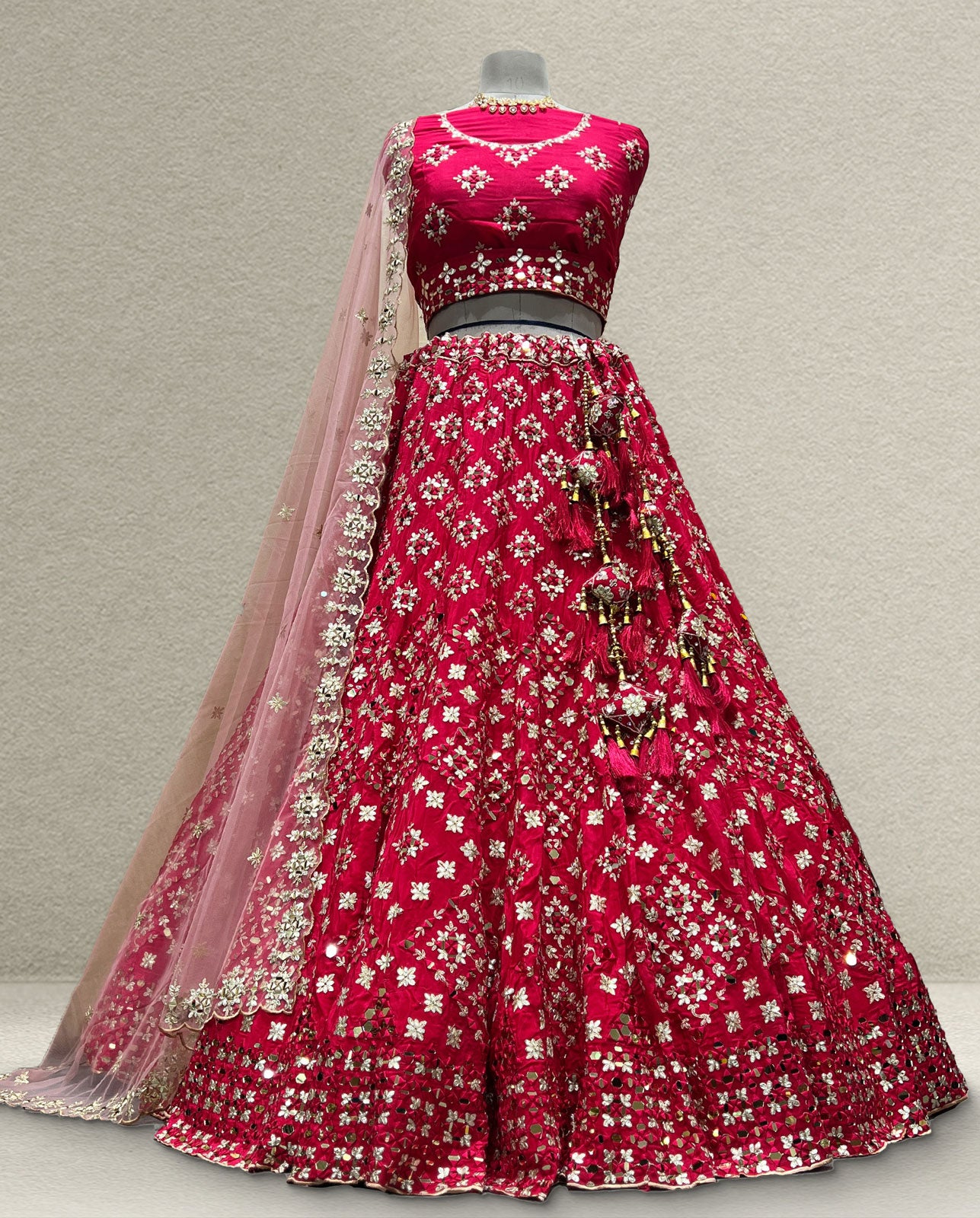Hot Pink Floral Mirror Work Lehenga Choli with Net Dupatta