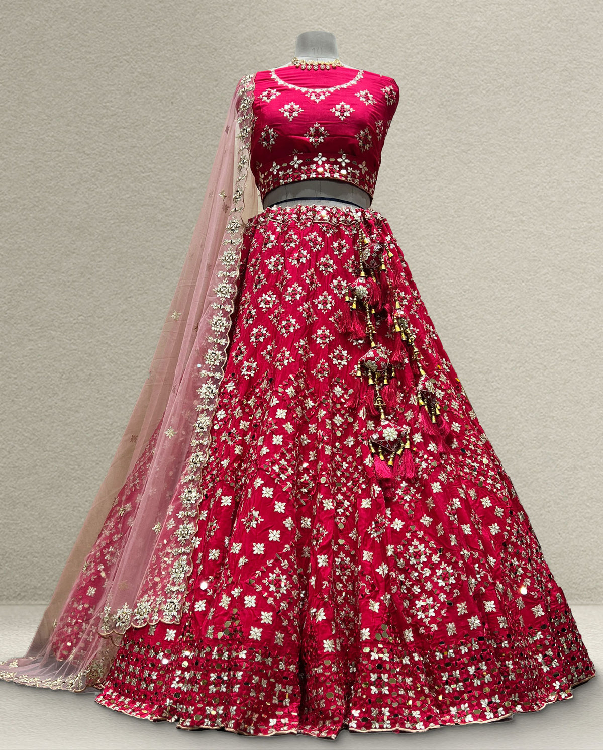 Hot Pink Floral Mirror Work Lehenga Choli with Net Dupatta