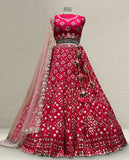 Hot Pink Floral Mirror Work Lehenga Choli with Net Dupatta
