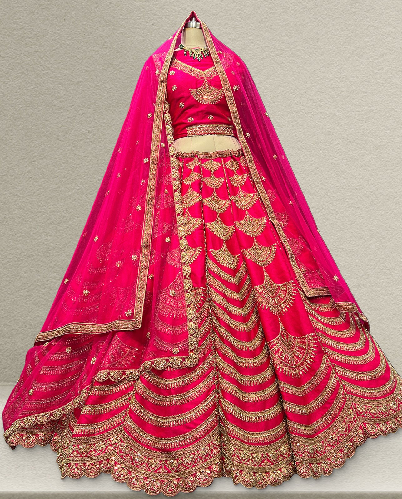 Royal Hot Pink Lehenga with Tiered Gold Zari Embroidery