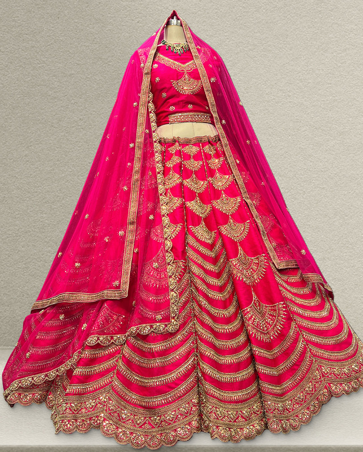 Royal Hot Pink Lehenga with Tiered Gold Zari Embroidery