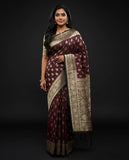 Maroon Banarasi Silk Saree with Gold Zari Paisley Motifs and Rich Woven Border