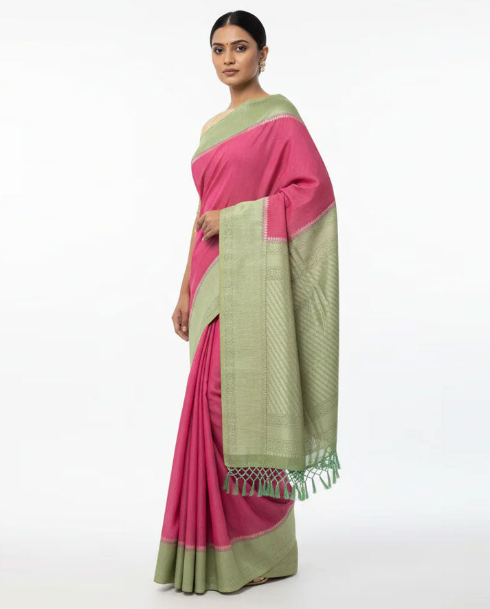 Elegant Pink and Pastel Green Silk Saree with Minimal Zari Border and Tassel Pallu