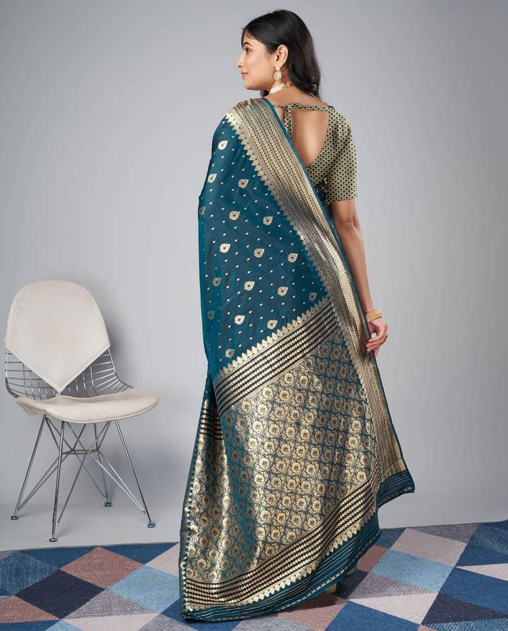 Teal Blue Banarasi Silk Saree with Rich Gold Zari Border