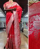 Traditional Red Banarasi Silk Saree with Elegant Silver Zari Border