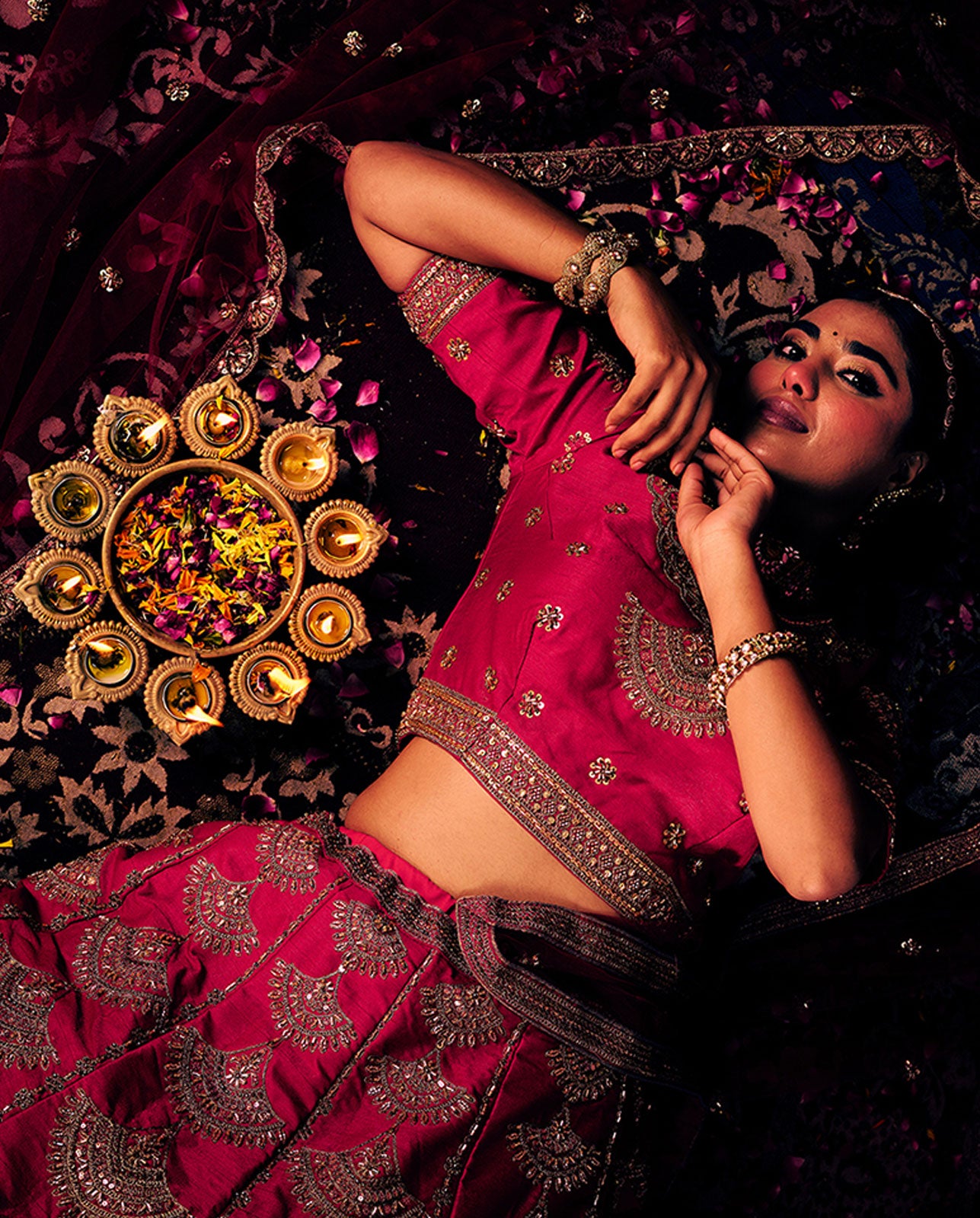 Royal Hot Pink Lehenga with Tiered Gold Zari Embroidery