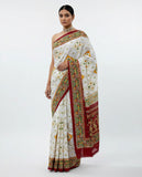 Graceful White Silk Saree with Multicolor Traditional Border and Rich Maroon Pallu