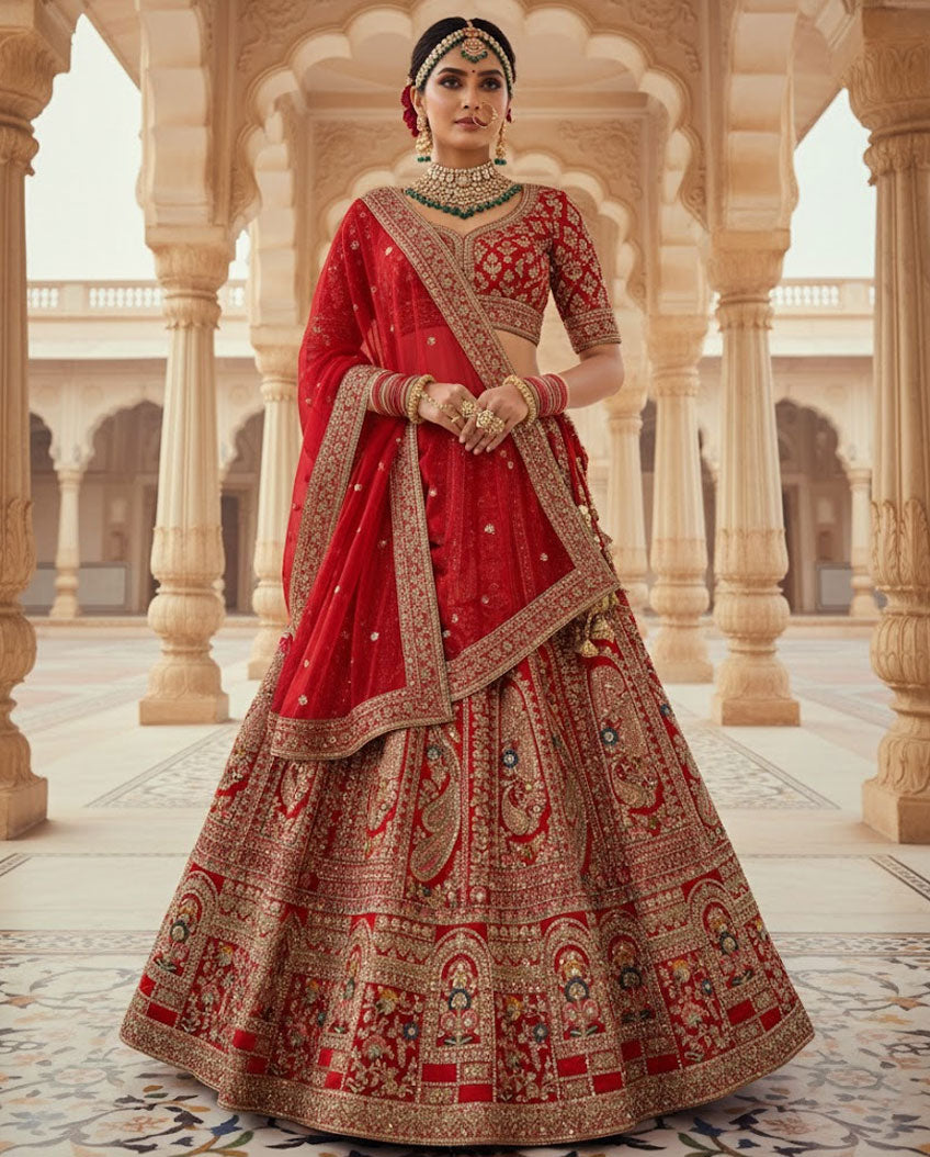 Traditional Red Bridal Lehenga Choli with Heavy Zardozi Embroidery and Net Dupatta