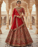 Traditional Red Bridal Lehenga Choli with Heavy Zardozi Embroidery and Net Dupatta