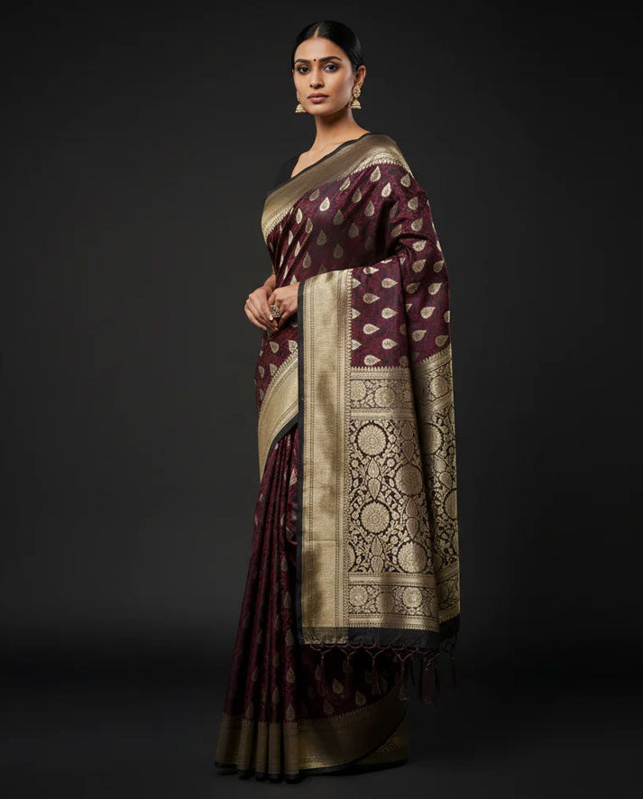 Maroon Banarasi Silk Saree with Gold Zari Paisley Motifs and Rich Woven Border