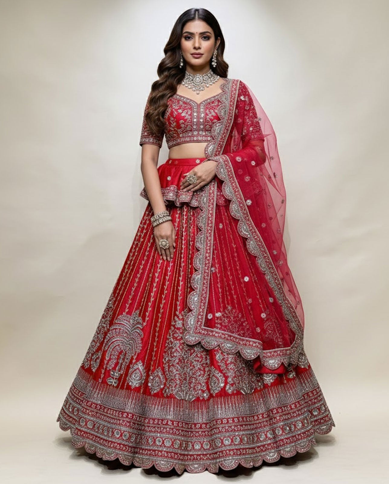 Red Bridal Lehenga Choli with Heavy Zari Embroidery and Net Dupatta