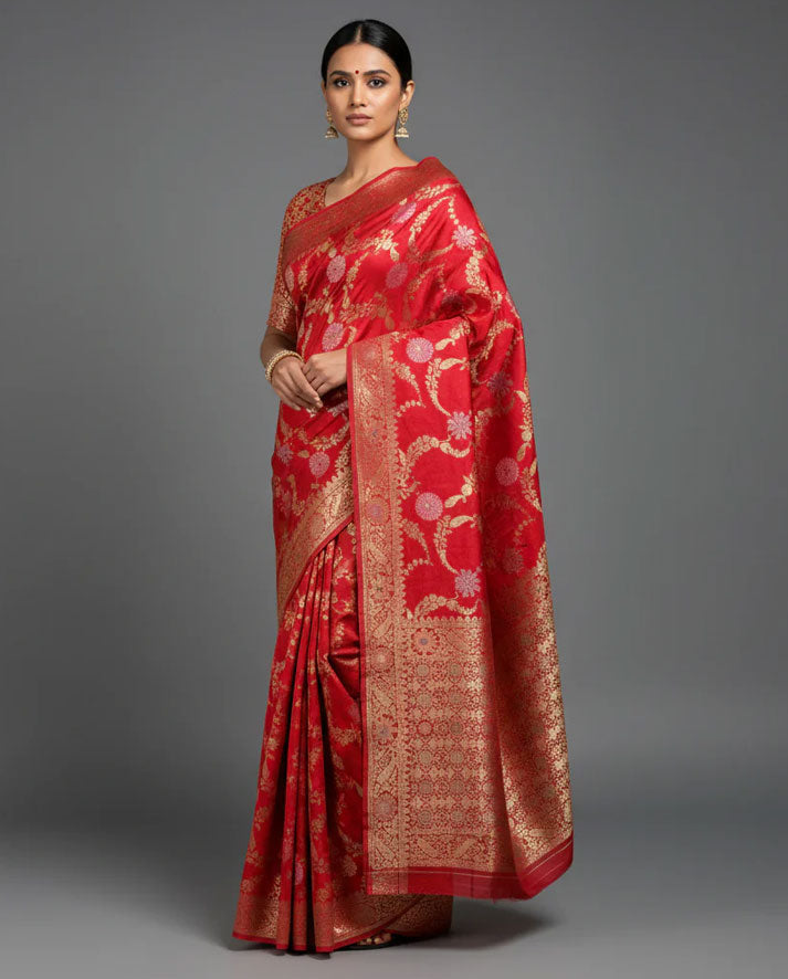 Elegant Red Banarasi Silk Saree with Rich Golden Zari Work