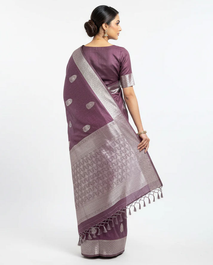 Graceful Mauve Silk Saree with Elegant Silver Zari Motifs and Rich Woven Border