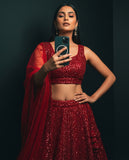 Deep Ruby Red Sequined Georgette Lehenga Set