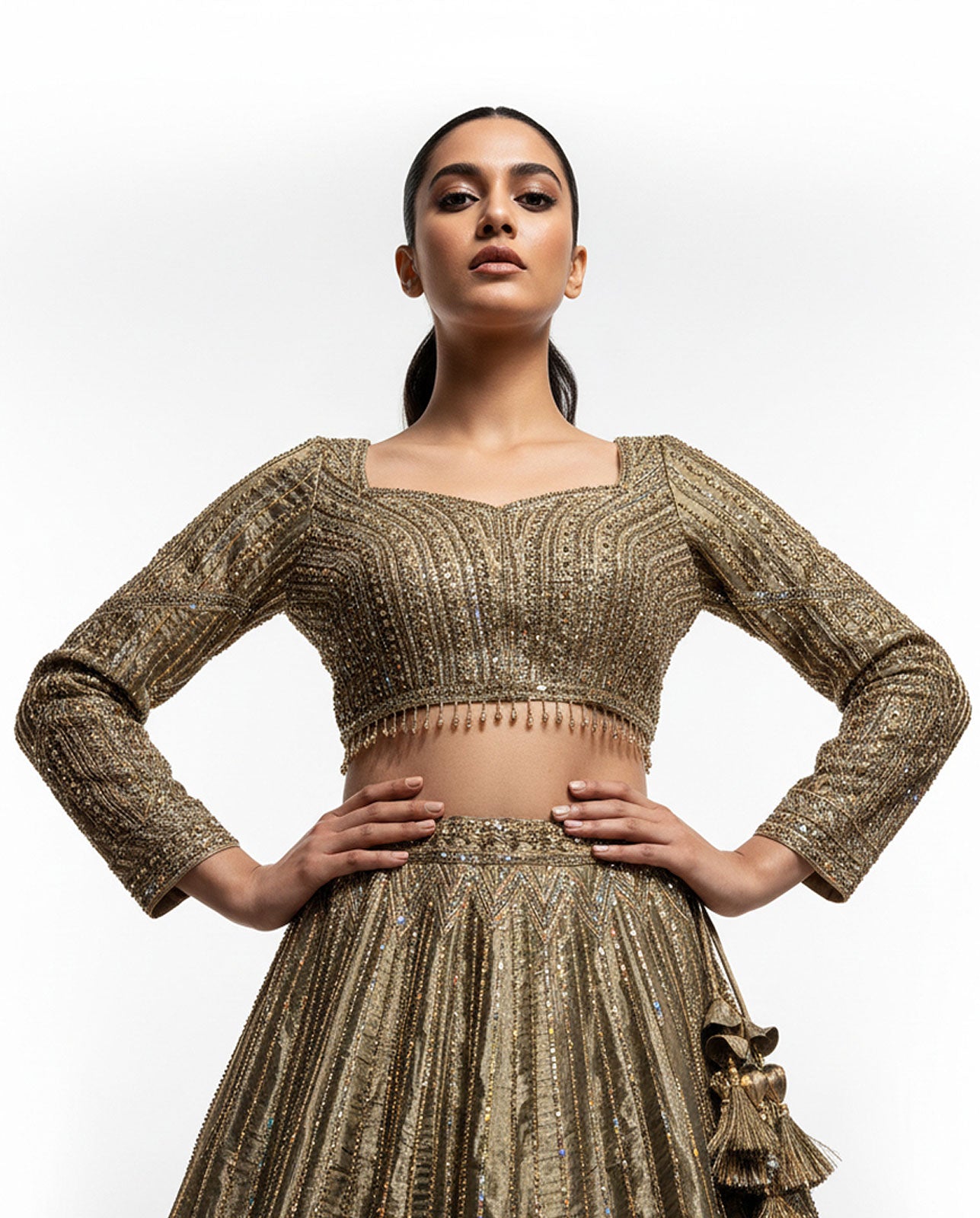 Champagne Gold Bridal Lehenga with Sequin Embroidery and Net Dupatta